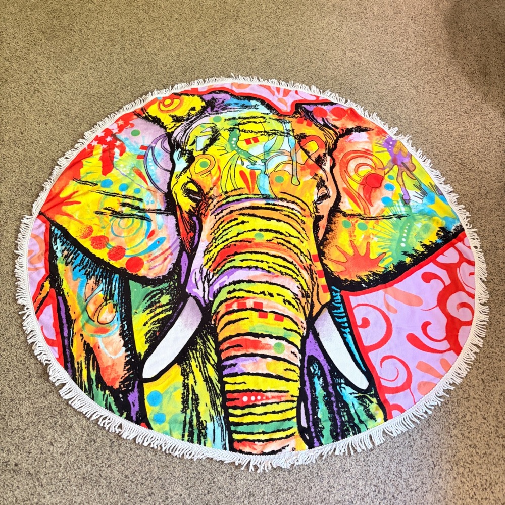 Uncle Jerry's T's Dean Russo Pop Art Elephant Round Fringe Beach Towel 60"